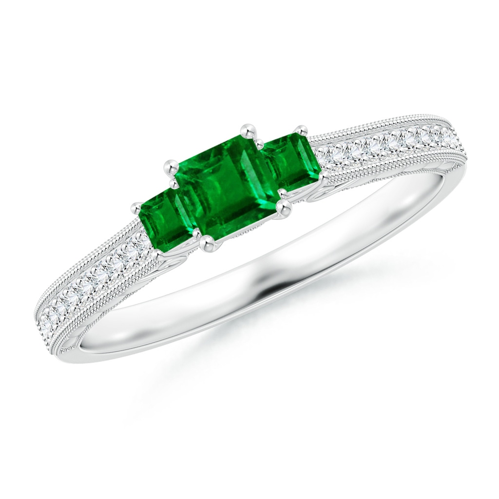 3.5mm AAAA Aeon Vintage Style Square Emerald Three Stone Engagement Ring with Milgrain in White Gold