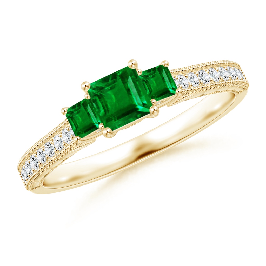 4mm AAAA Aeon Vintage Style Square Emerald Three Stone Engagement Ring with Milgrain in 18K Yellow Gold