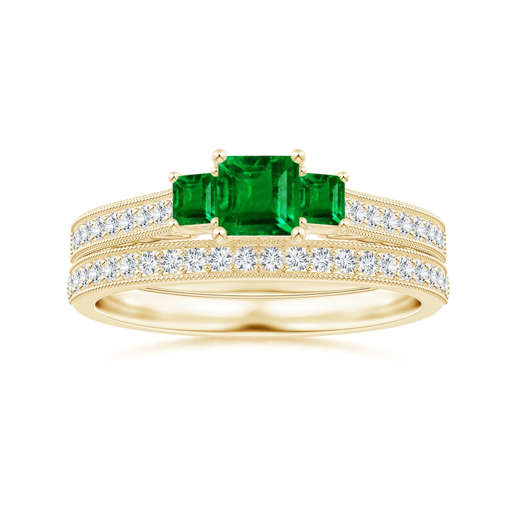 4mm AAAA Aeon Vintage Style Square Emerald Three Stone Engagement Ring with Milgrain in 18K Yellow Gold Side-3