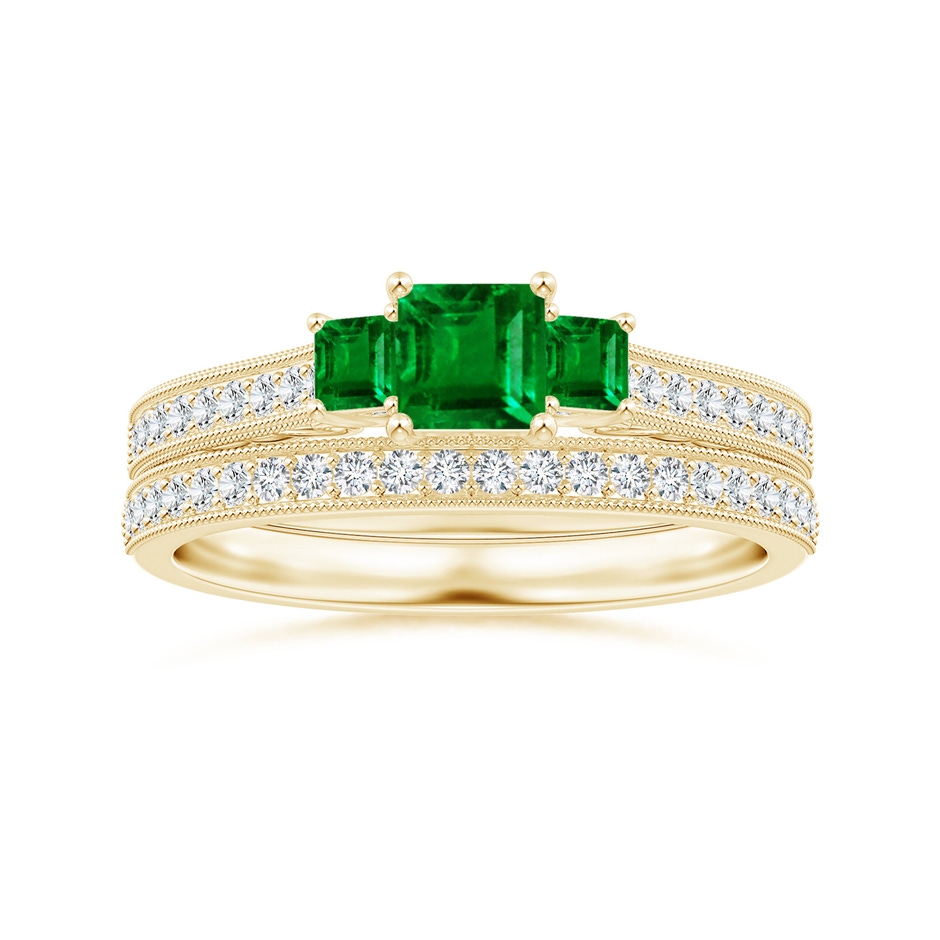 4mm AAAA Aeon Vintage Style Square Emerald Three Stone Engagement Ring with Milgrain in 18K Yellow Gold side-3