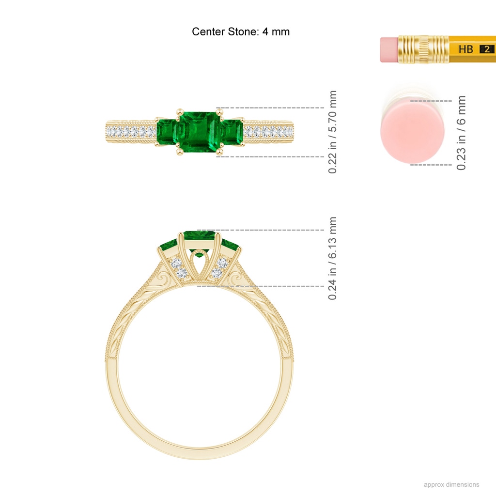 4mm AAAA Aeon Vintage Style Square Emerald Three Stone Engagement Ring with Milgrain in 18K Yellow Gold Ruler