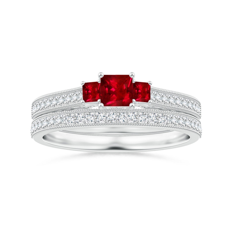 3.5mm AAAA Aeon Vintage Style Square Ruby Three Stone Engagement Ring with Milgrain in White Gold side-3
