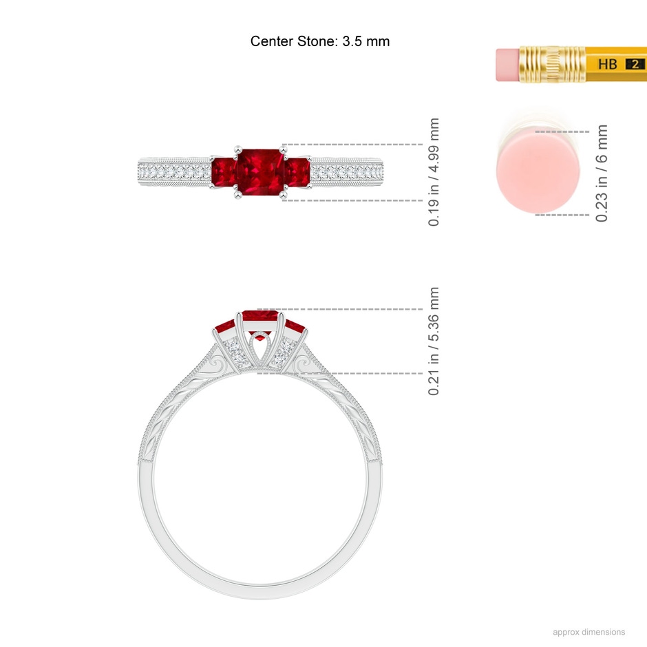 3.5mm AAAA Aeon Vintage Style Square Ruby Three Stone Engagement Ring with Milgrain in White Gold ruler