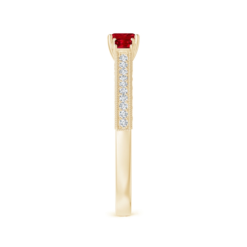 3.5mm AAAA Aeon Vintage Style Square Ruby Three Stone Engagement Ring with Milgrain in Yellow Gold side-2