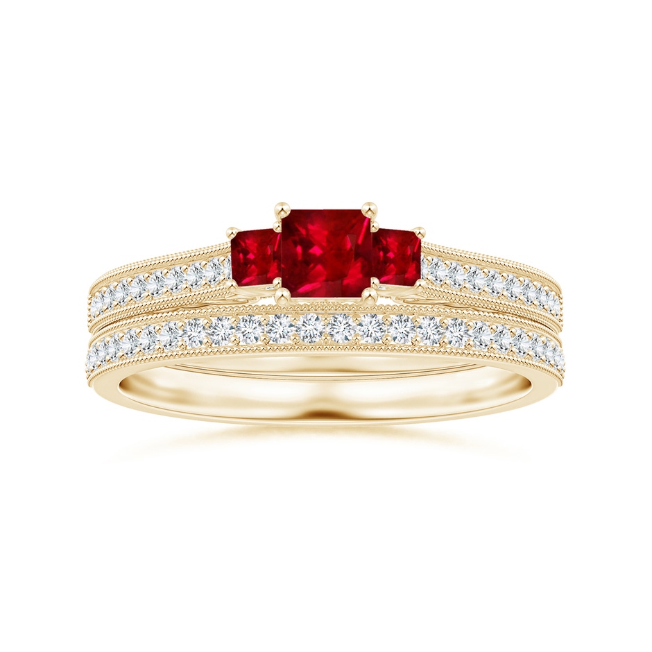 3.5mm AAAA Aeon Vintage Style Square Ruby Three Stone Engagement Ring with Milgrain in Yellow Gold side-3