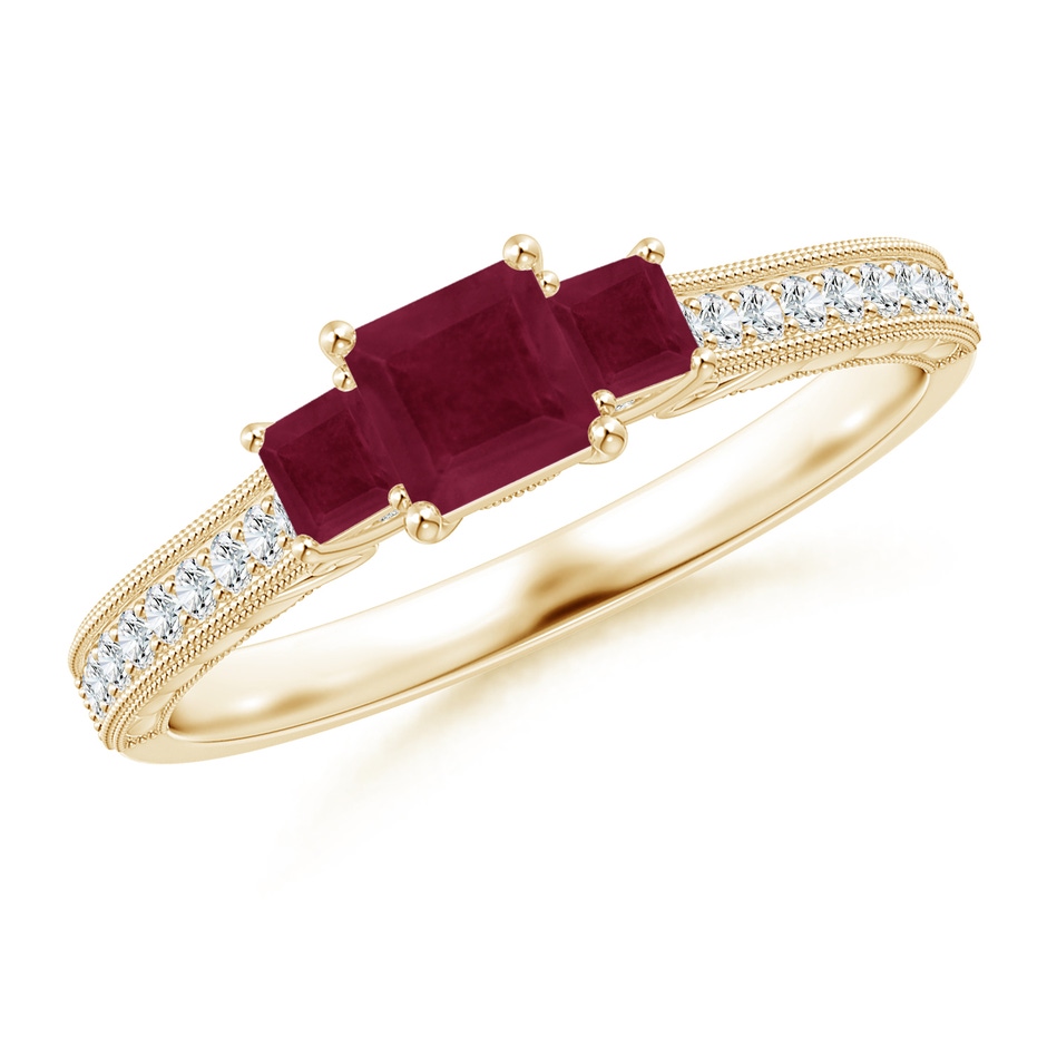 4mm A Aeon Vintage Style Square Ruby Three Stone Engagement Ring with Milgrain in Yellow Gold 
