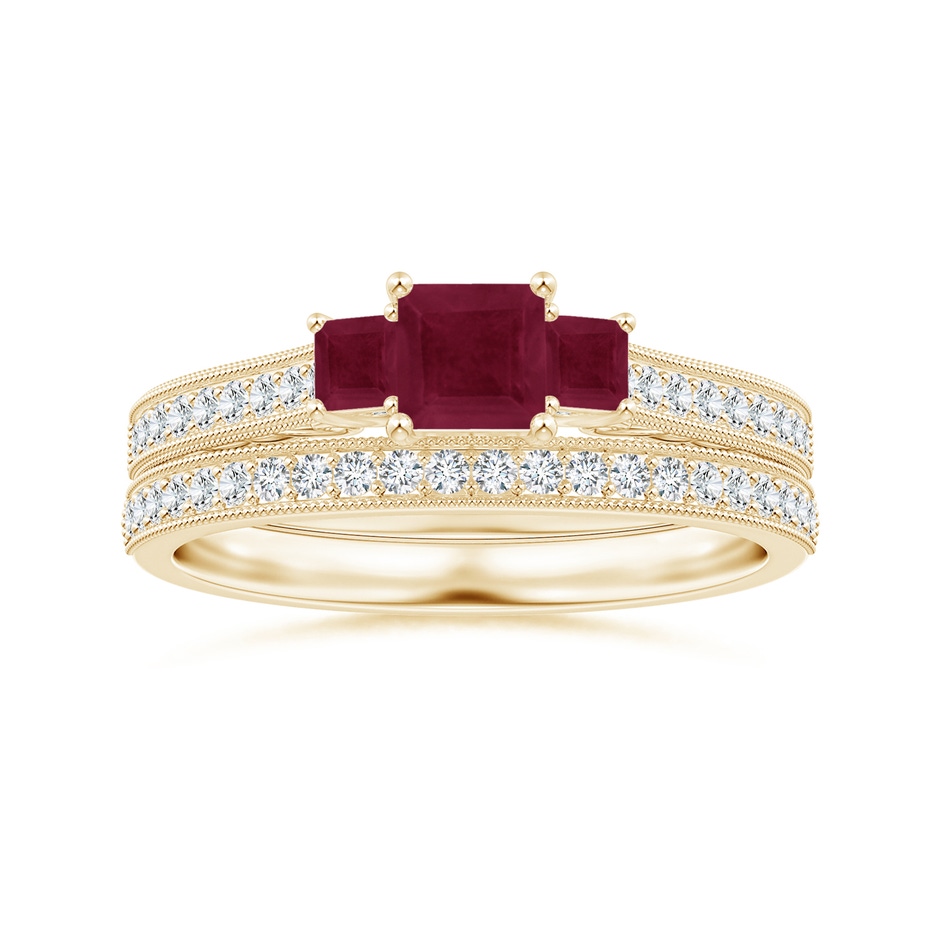 4mm A Aeon Vintage Style Square Ruby Three Stone Engagement Ring with Milgrain in Yellow Gold side-3