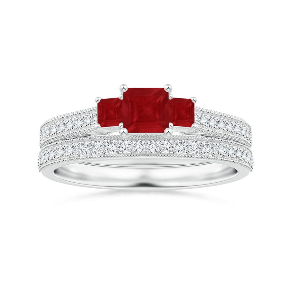 4mm AA Aeon Vintage Style Square Ruby Three Stone Engagement Ring with Milgrain in White Gold side-3