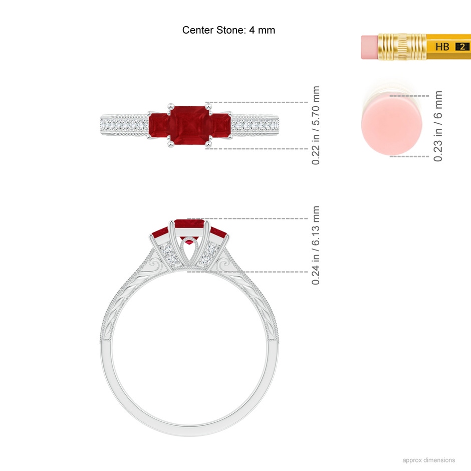 4mm AA Aeon Vintage Style Square Ruby Three Stone Engagement Ring with Milgrain in White Gold ruler