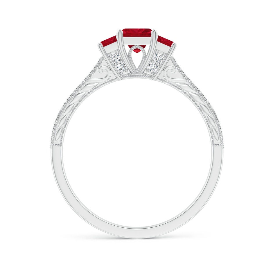 4mm AAA Aeon Vintage Style Square Ruby Three Stone Engagement Ring with Milgrain in 18K White Gold side-1