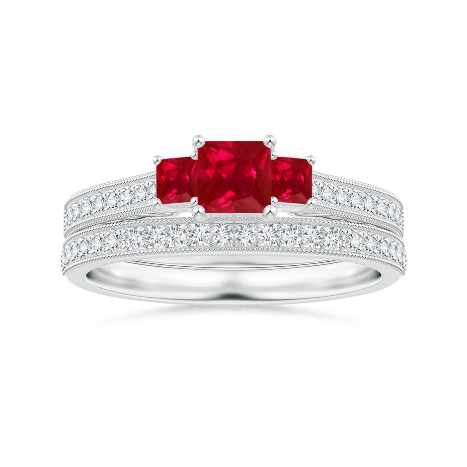 4mm AAA Aeon Vintage Style Square Ruby Three Stone Engagement Ring with Milgrain in 18K White Gold side-3