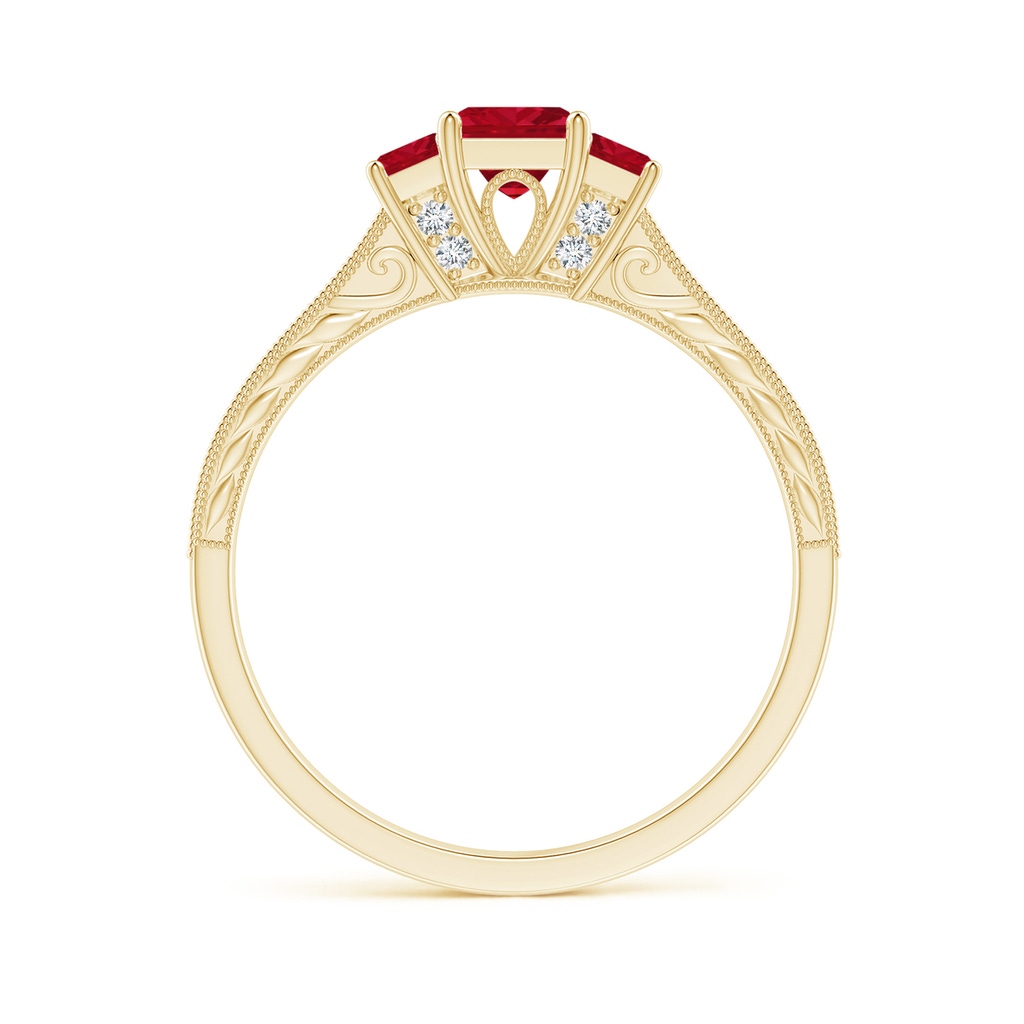 4mm AAA Aeon Vintage Style Square Ruby Three Stone Engagement Ring with Milgrain in 18K Yellow Gold - side_1