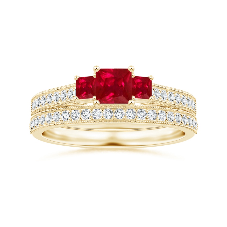 4mm AAA Aeon Vintage Style Square Ruby Three Stone Engagement Ring with Milgrain in 18K Yellow Gold side-3