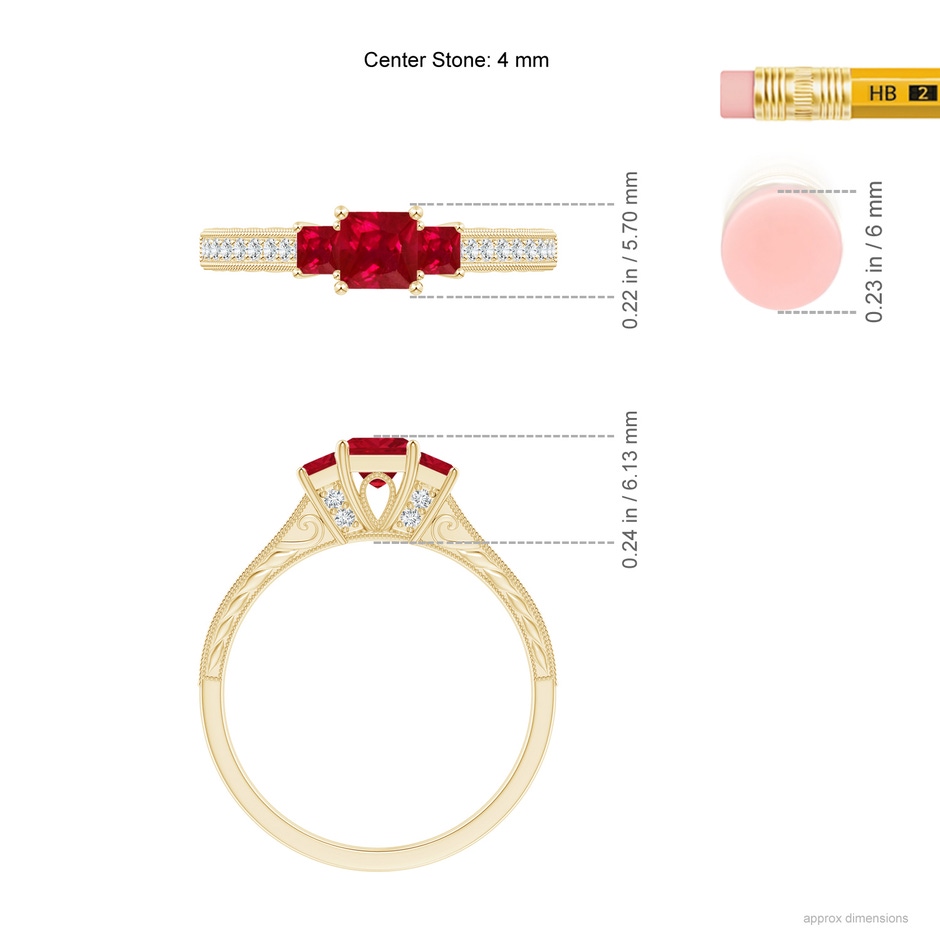 4mm AAA Aeon Vintage Style Square Ruby Three Stone Engagement Ring with Milgrain in 18K Yellow Gold ruler