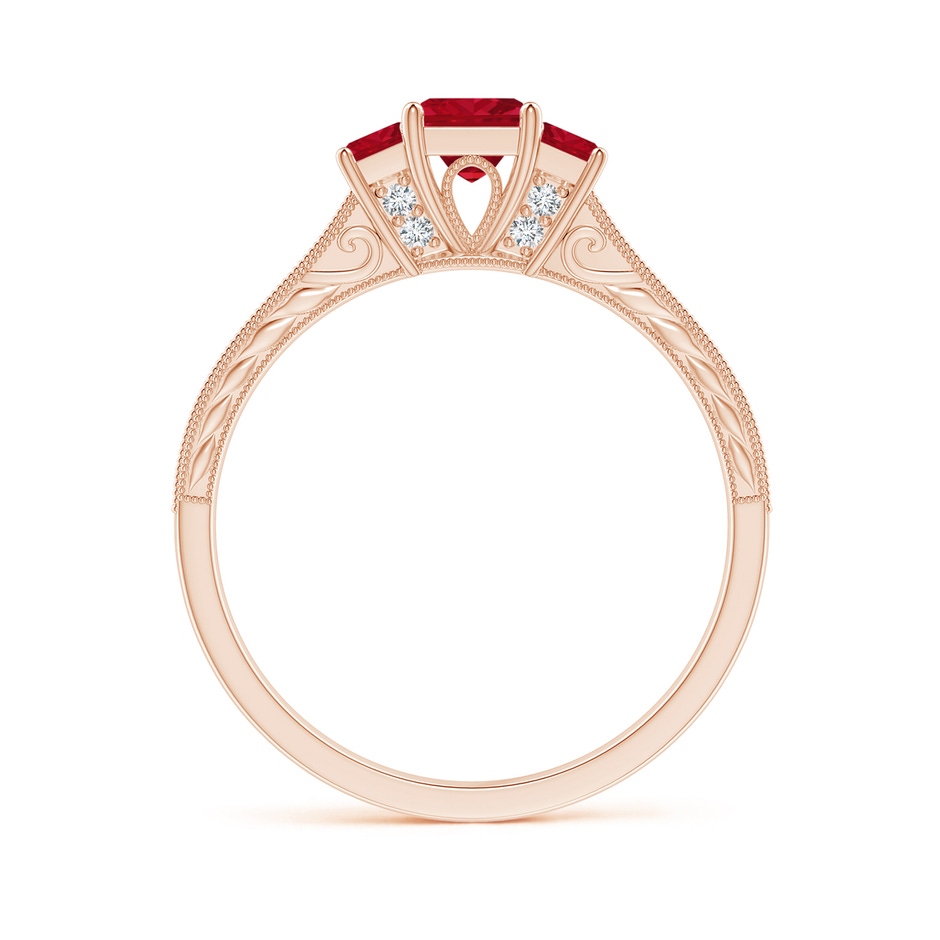4mm AAA Aeon Vintage Style Square Ruby Three Stone Engagement Ring with Milgrain in Rose Gold side-1