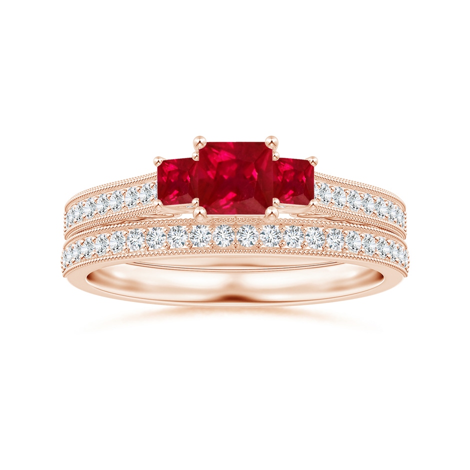 4mm AAA Aeon Vintage Style Square Ruby Three Stone Engagement Ring with Milgrain in Rose Gold side-3