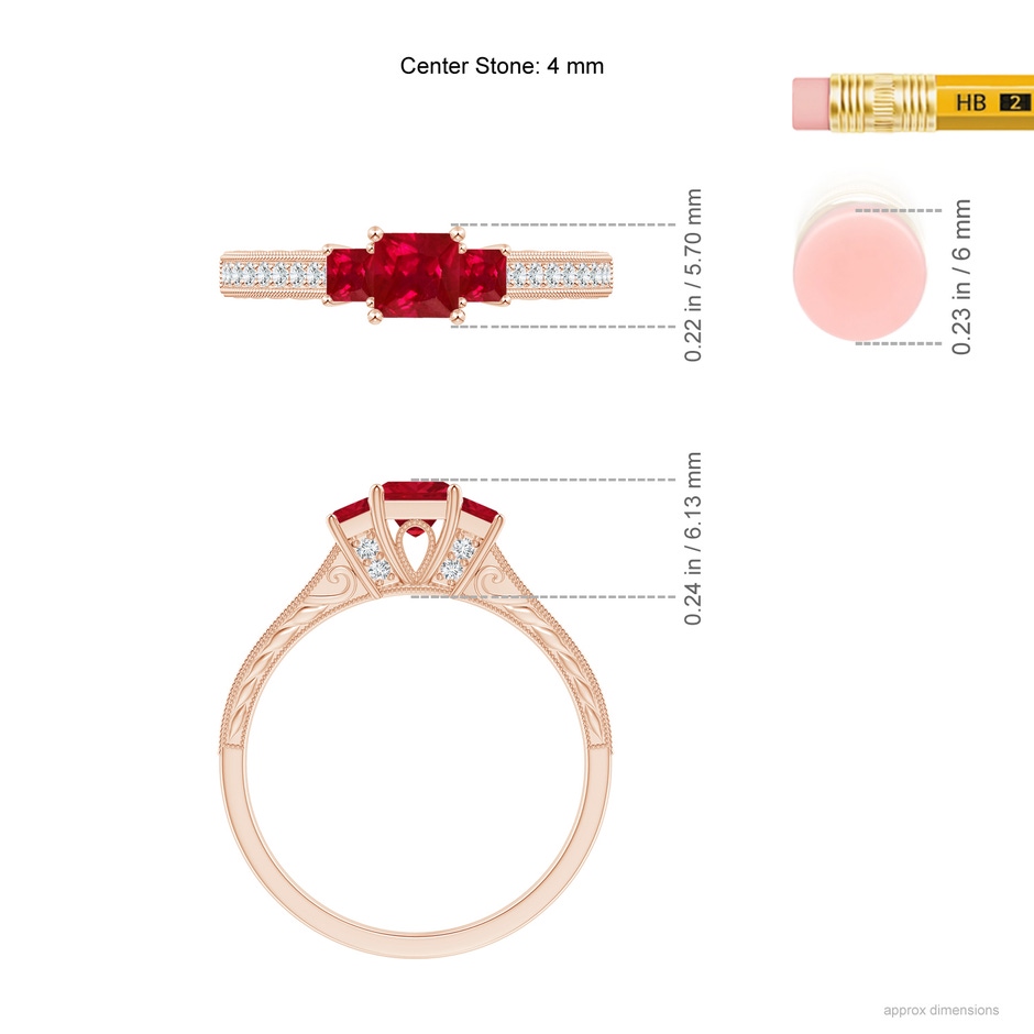 4mm AAA Aeon Vintage Style Square Ruby Three Stone Engagement Ring with Milgrain in Rose Gold ruler