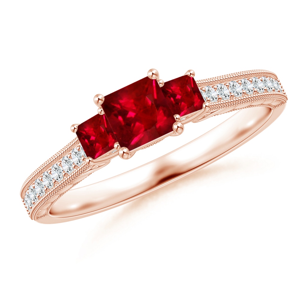 4mm AAAA Aeon Vintage Style Square Ruby Three Stone Engagement Ring with Milgrain in 18K Rose Gold
