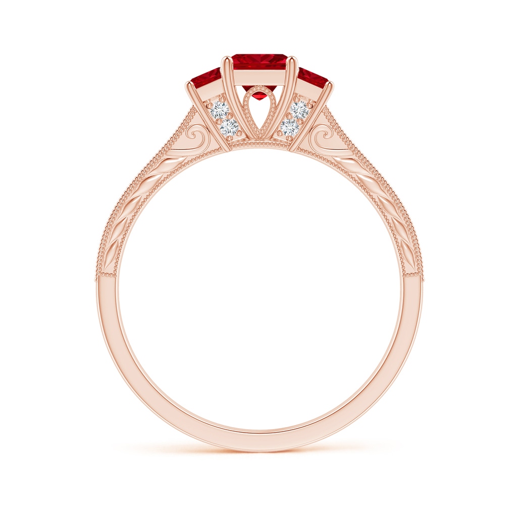 4mm AAAA Aeon Vintage Style Square Ruby Three Stone Engagement Ring with Milgrain in 18K Rose Gold Side-1