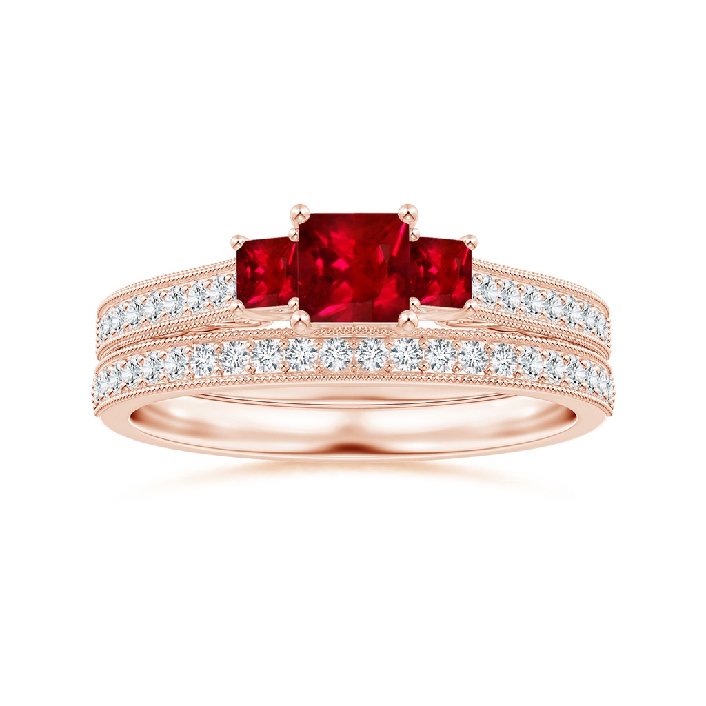 4mm AAAA Aeon Vintage Style Square Ruby Three Stone Engagement Ring with Milgrain in 18K Rose Gold Side-3