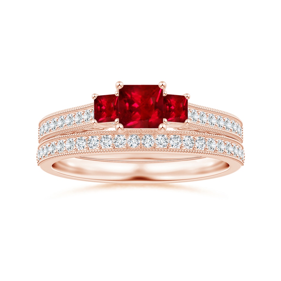 4mm AAAA Aeon Vintage Style Square Ruby Three Stone Engagement Ring with Milgrain in 18K Rose Gold side-3