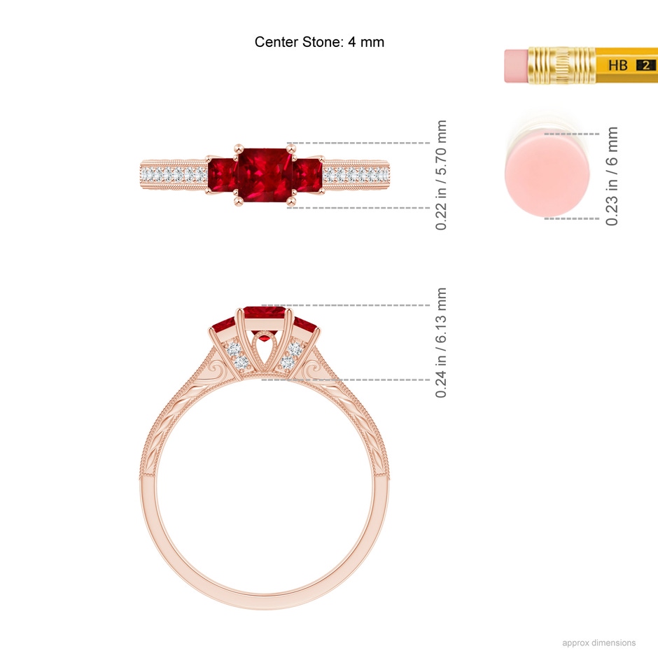 4mm AAAA Aeon Vintage Style Square Ruby Three Stone Engagement Ring with Milgrain in 18K Rose Gold ruler