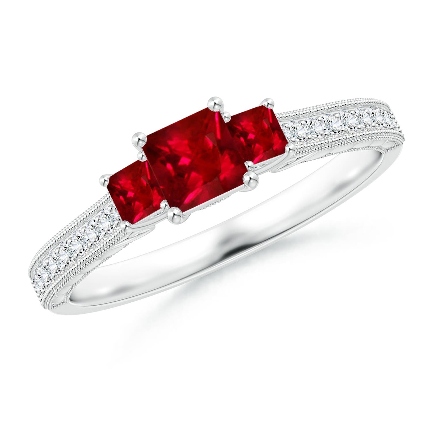 4mm AAAA Aeon Vintage Style Square Ruby Three Stone Engagement Ring with Milgrain in 18CT White Gold