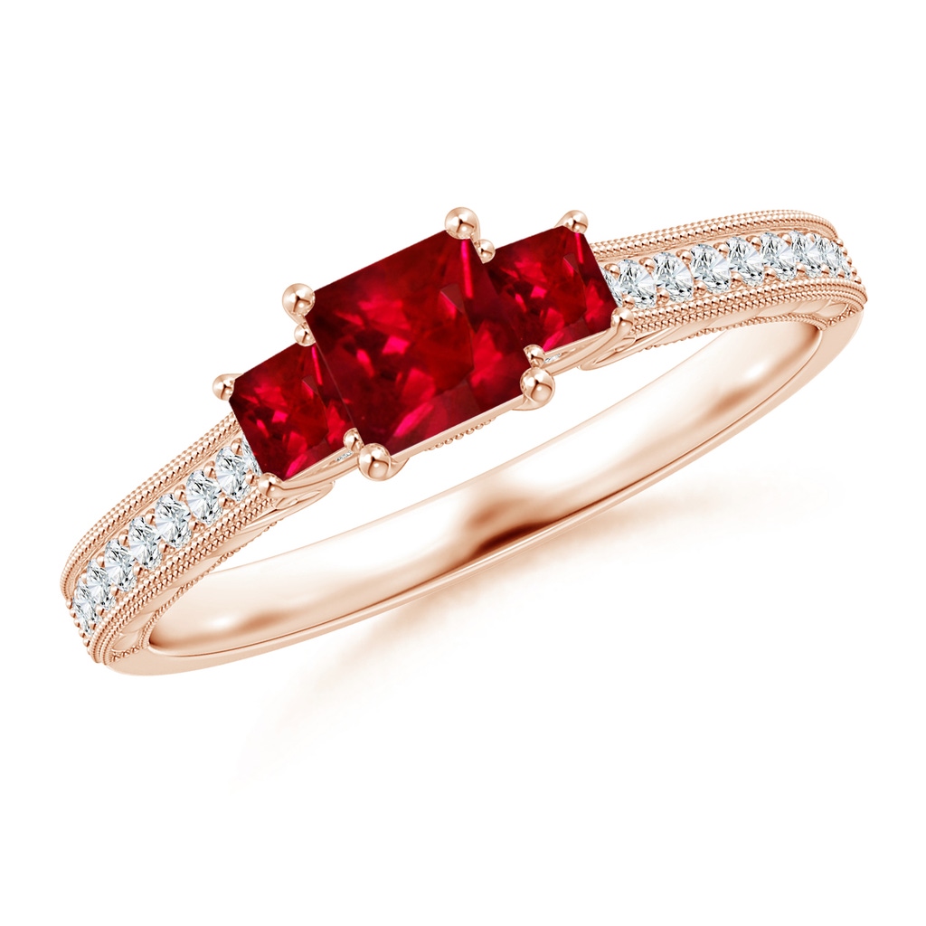 4mm AAAA Aeon Vintage Style Square Ruby Three Stone Engagement Ring with Milgrain in Rose Gold