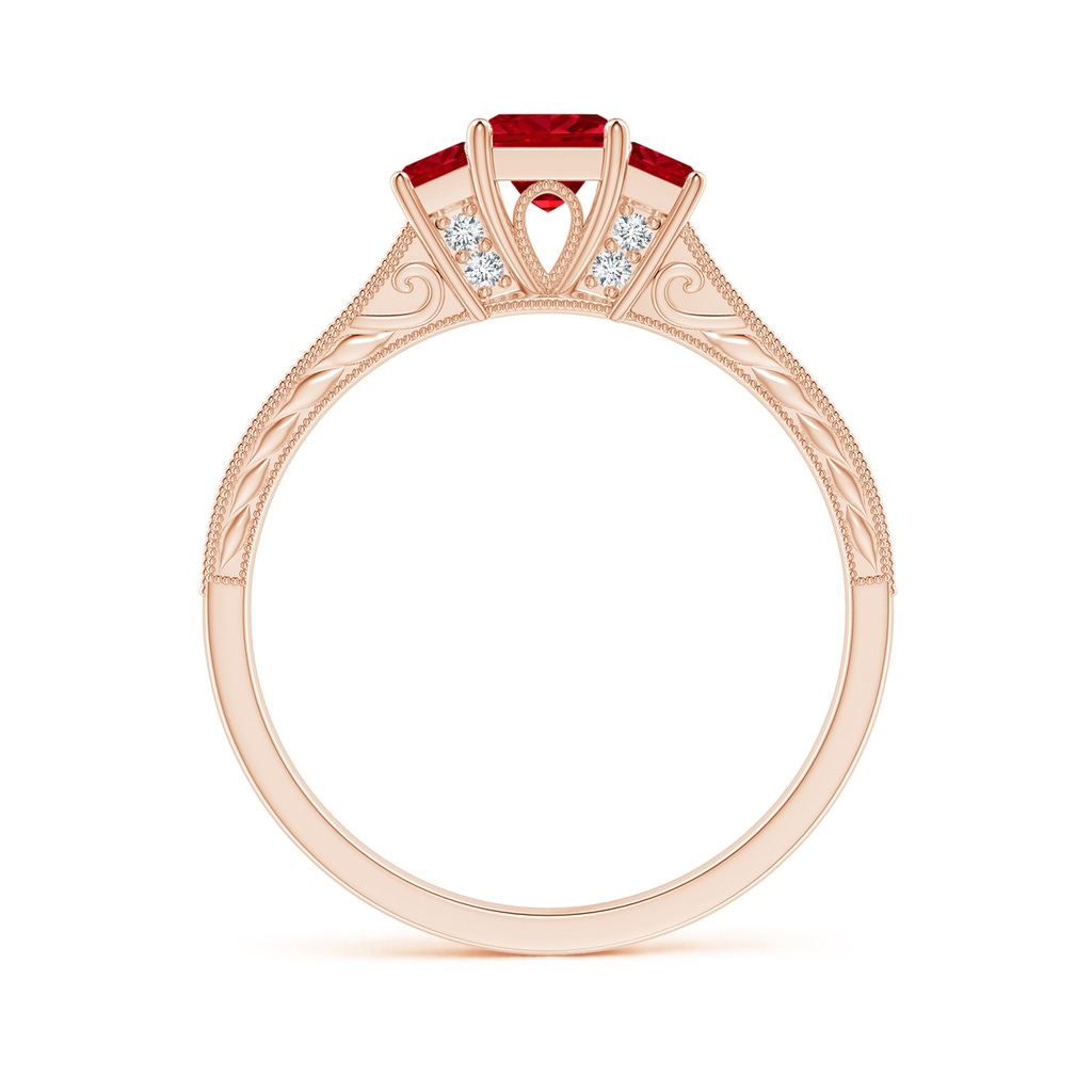 4mm AAAA Aeon Vintage Style Square Ruby Three Stone Engagement Ring with Milgrain in Rose Gold Side-1