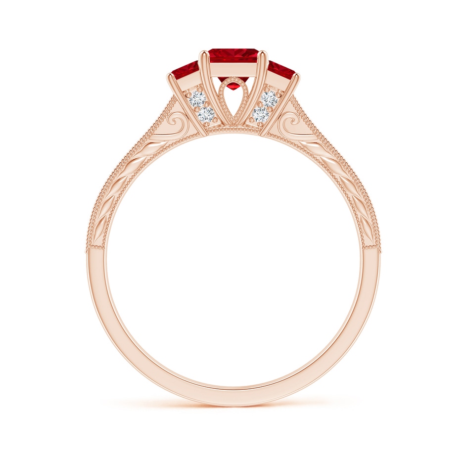 4mm AAAA Aeon Vintage Style Square Ruby Three Stone Engagement Ring with Milgrain in Rose Gold side-1