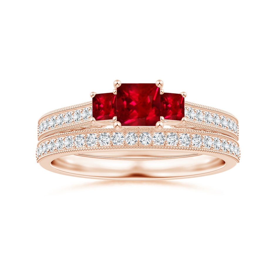 4mm AAAA Aeon Vintage Style Square Ruby Three Stone Engagement Ring with Milgrain in Rose Gold side-3