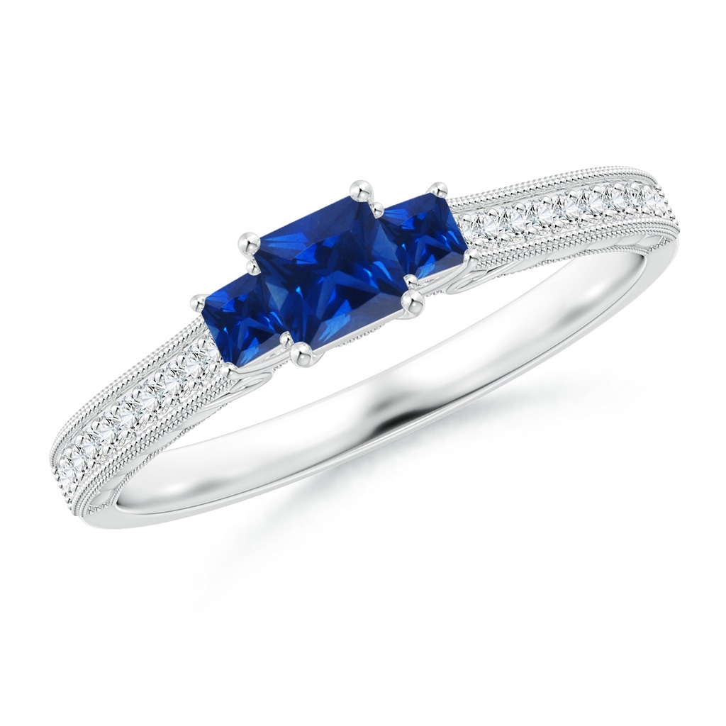 3.5mm AAAA Aeon Vintage Style Square Sapphire Three Stone Engagement Ring with Milgrain in White Gold