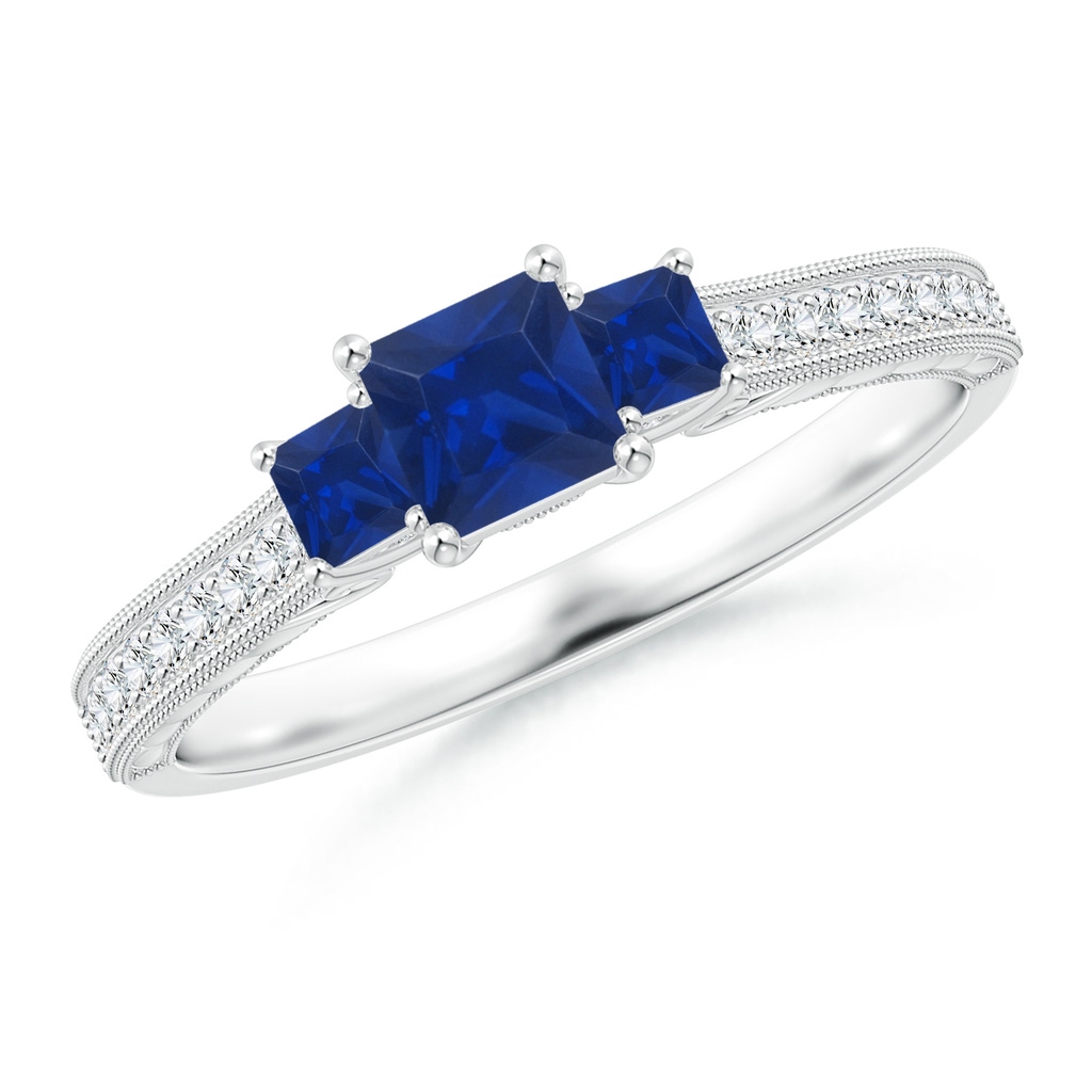 4mm AAA Aeon Vintage Style Square Sapphire Three Stone Engagement Ring with Milgrain in White Gold