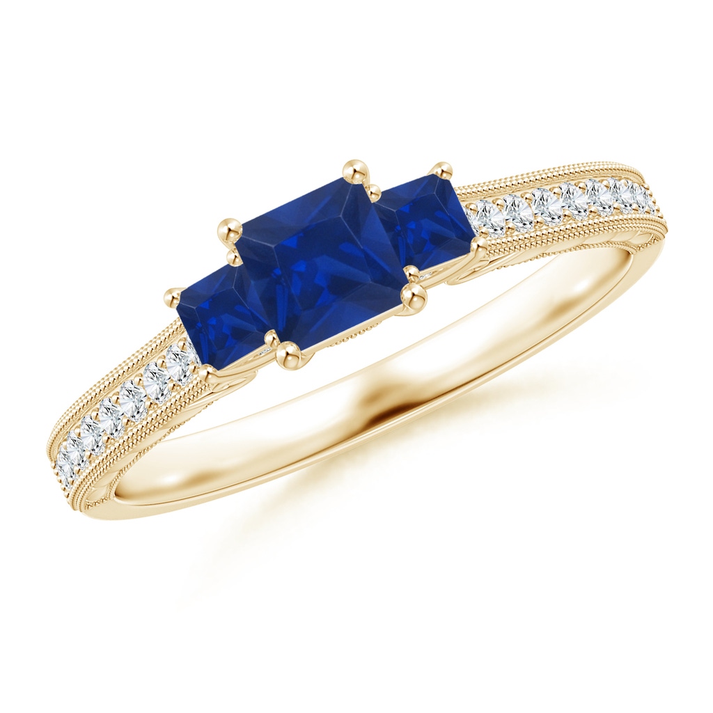 4mm AAA Aeon Vintage Style Square Sapphire Three Stone Engagement Ring with Milgrain in Yellow Gold 