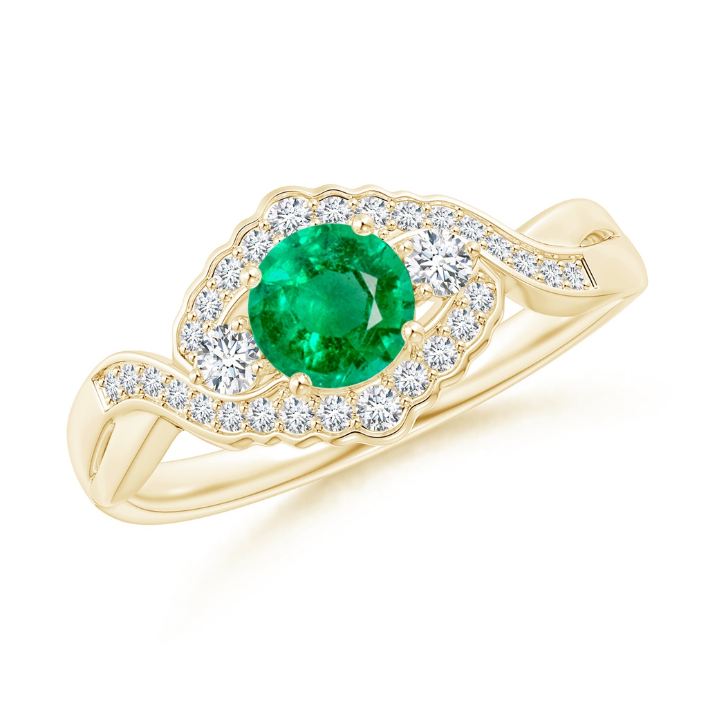 5mm AAA Aeon Vintage Style Emerald & Diamond Floral Halo Three Stone Engagement Ring in 18K Yellow Gold