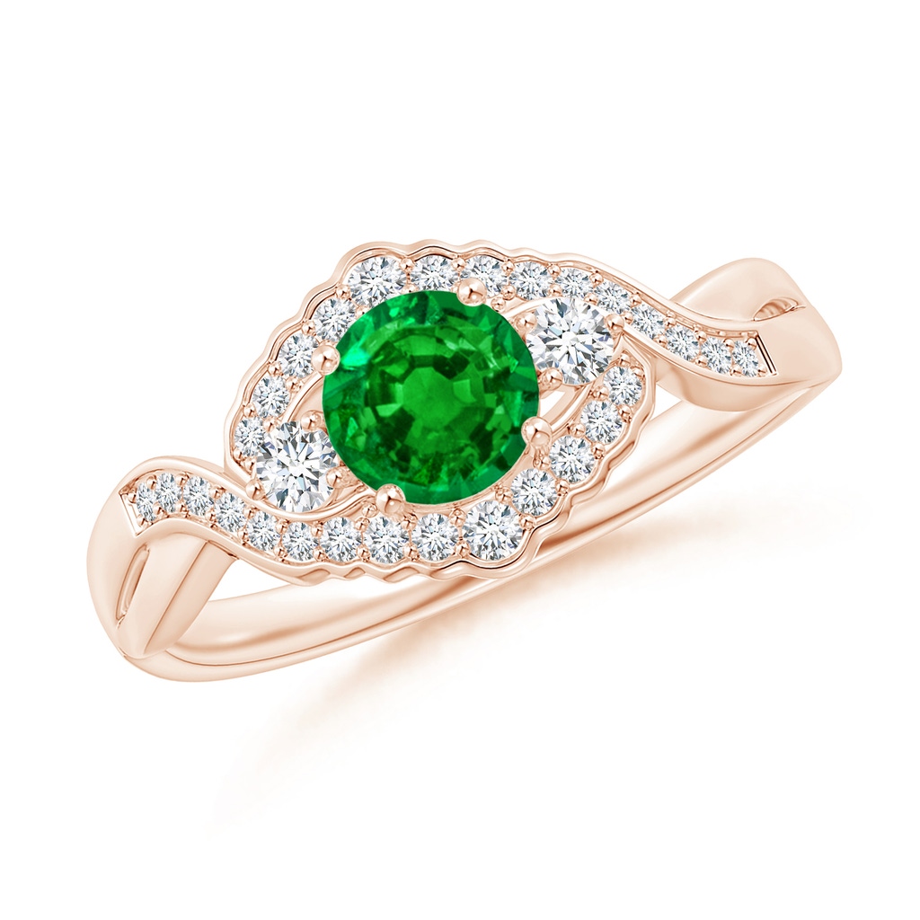 5mm AAAA Aeon Vintage Style Emerald & Diamond Floral Halo Three Stone Engagement Ring in Rose Gold