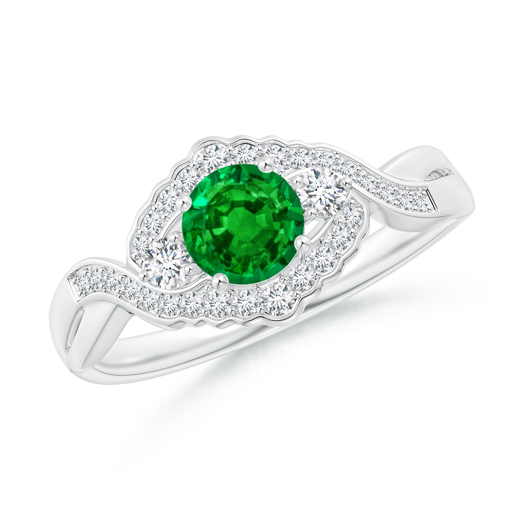 5mm AAAA Aeon Vintage Style Emerald & Diamond Floral Halo Three Stone Engagement Ring in White Gold