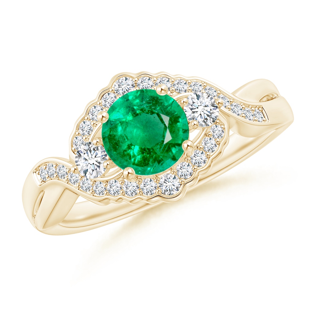 6mm AAA Aeon Vintage Style Emerald & Diamond Floral Halo Three Stone Engagement Ring in Yellow Gold