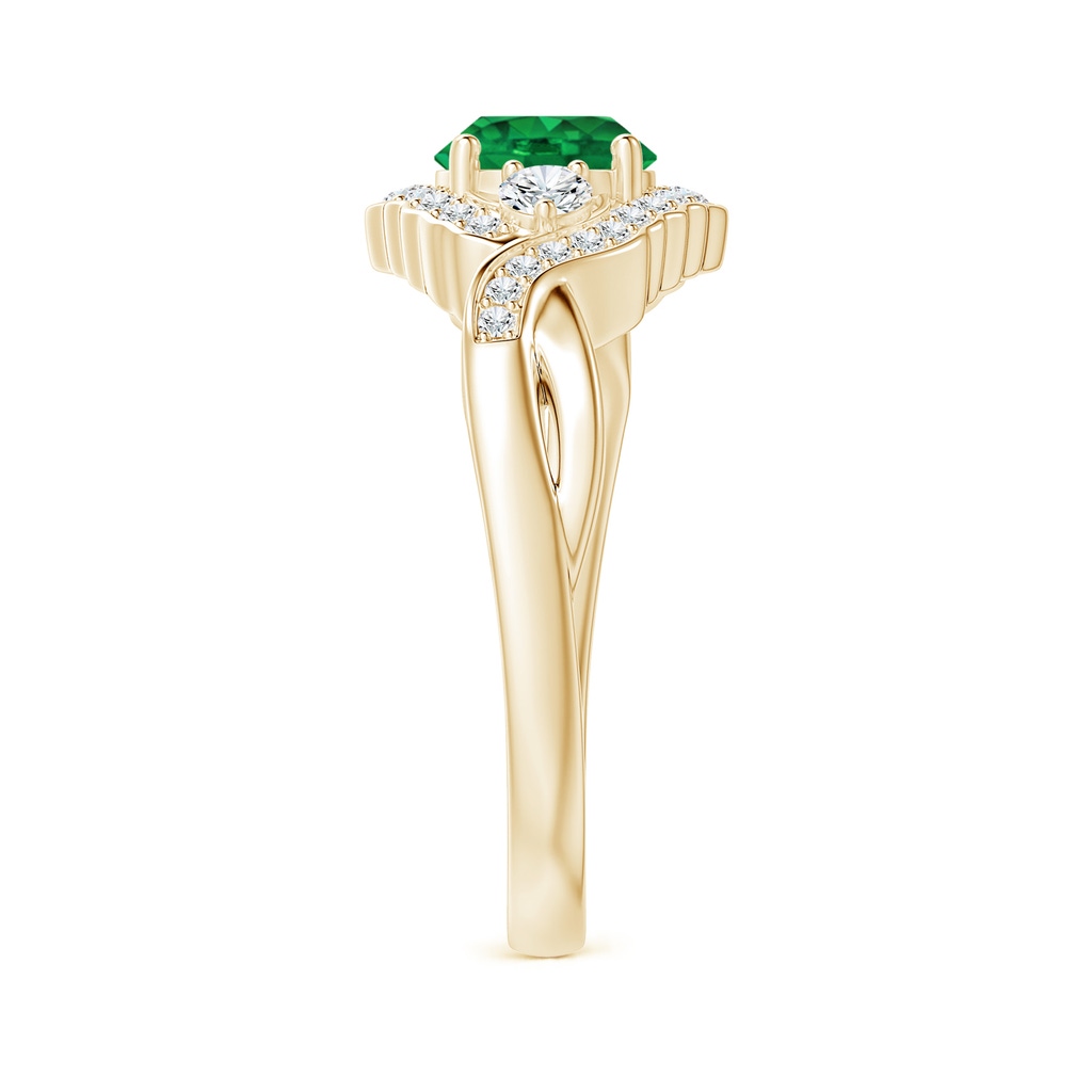 6mm AAA Aeon Vintage Style Emerald & Diamond Floral Halo Three Stone Engagement Ring in Yellow Gold Side-2