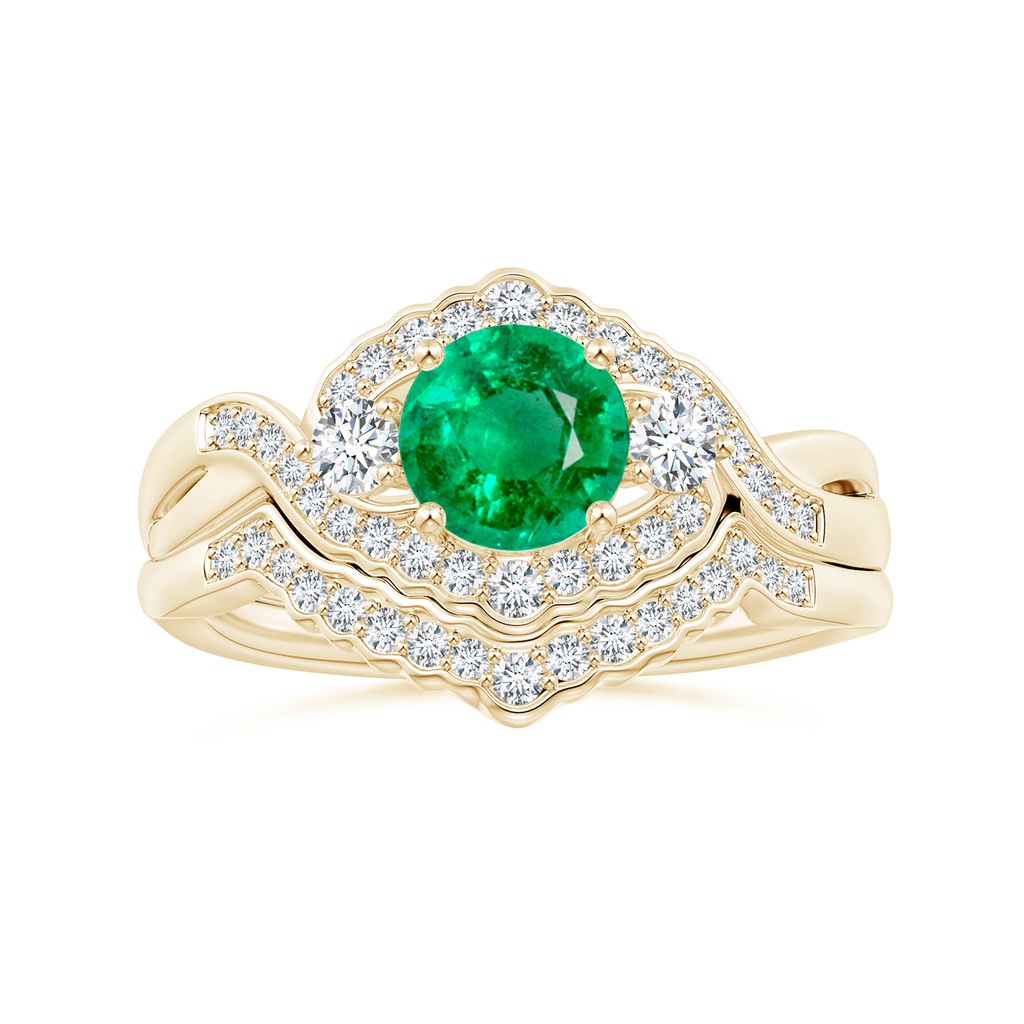 6mm AAA Aeon Vintage Style Emerald & Diamond Floral Halo Three Stone Engagement Ring in Yellow Gold Side-3
