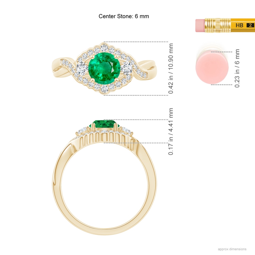 6mm AAA Aeon Vintage Style Emerald & Diamond Floral Halo Three Stone Engagement Ring in Yellow Gold Ruler