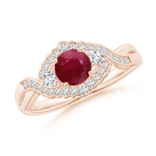 5mm A Aeon Vintage Style Ruby & Diamond Floral Halo Three Stone Engagement Ring in 10K Rose Gold