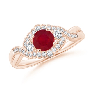 5mm AA Aeon Vintage Style Ruby & Diamond Floral Halo Three Stone Engagement Ring in 10K Rose Gold