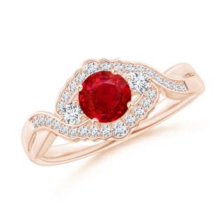 5mm AAA Aeon Vintage Style Ruby & Diamond Floral Halo Three Stone Engagement Ring in 10K Rose Gold