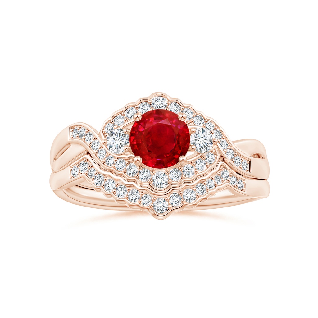 5mm AAA Aeon Vintage Style Ruby & Diamond Floral Halo Three Stone Engagement Ring in Rose Gold Side-3