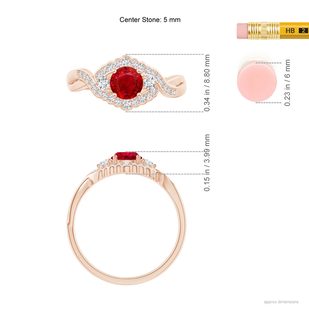 5mm AAA Aeon Vintage Style Ruby & Diamond Floral Halo Three Stone Engagement Ring in Rose Gold Ruler