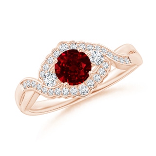 5mm AAAA Aeon Vintage Style Ruby & Diamond Floral Halo Three Stone Engagement Ring in Rose Gold