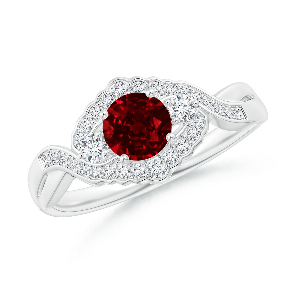 5mm AAAA Aeon Vintage Style Ruby & Diamond Floral Halo Three Stone Engagement Ring in White Gold