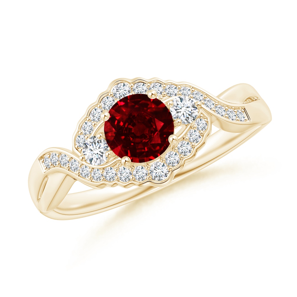 5mm AAAA Aeon Vintage Style Ruby & Diamond Floral Halo Three Stone Engagement Ring in Yellow Gold