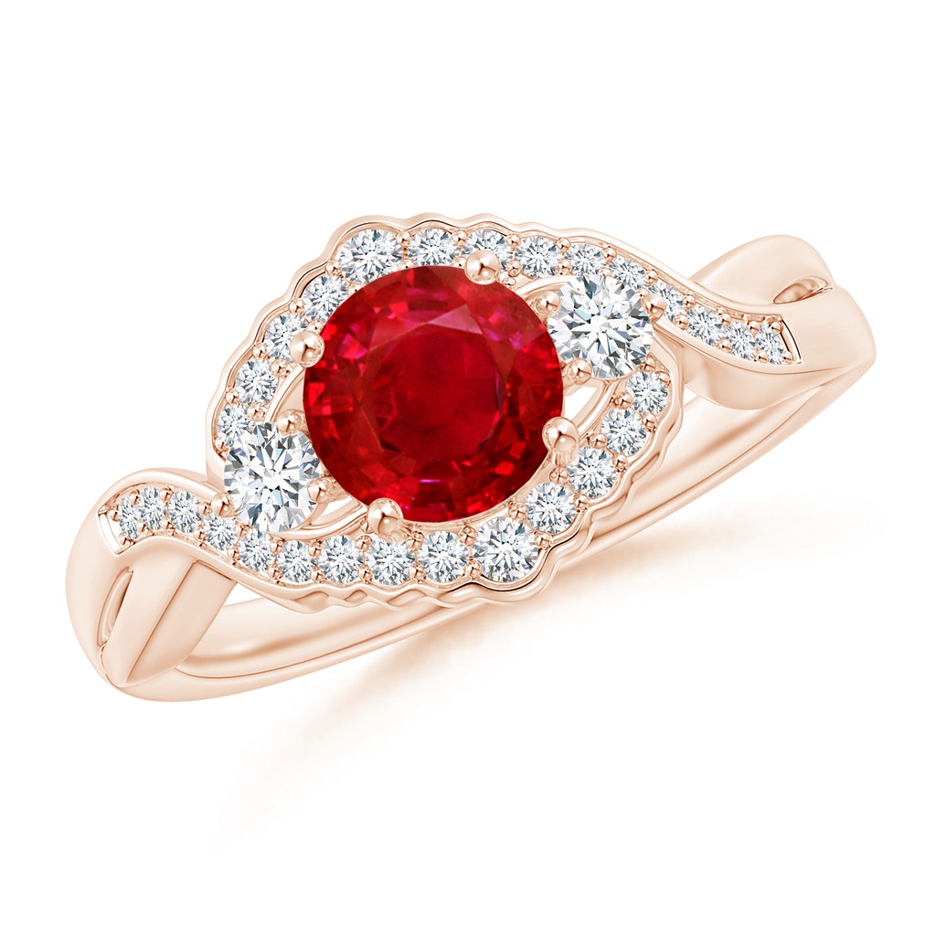 6mm AAA Aeon Vintage Style Ruby & Diamond Floral Halo Three Stone Engagement Ring in Rose Gold